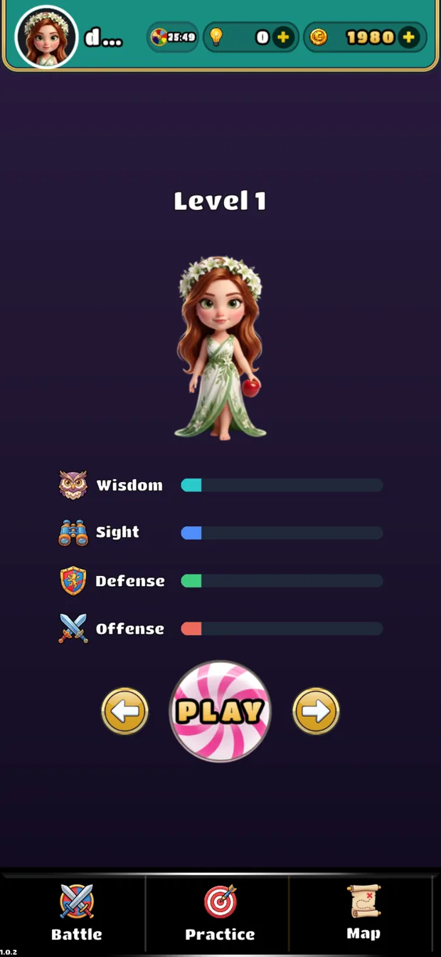 An opponent's card showing their level and their wisdom,
                                      sight, defense and offense ratings.